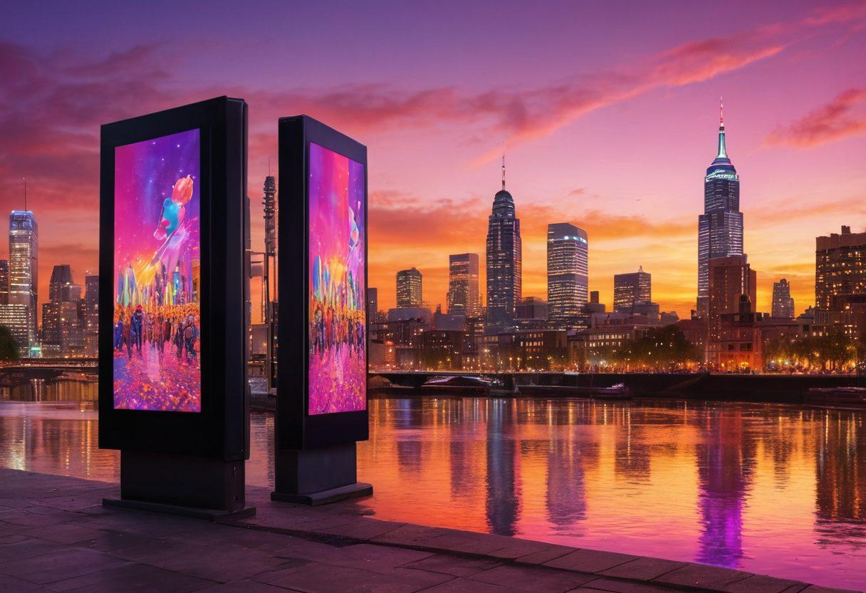 A vibrant urban backdrop showcasing a blend of street art and advertising featuring LGBTQ+ icons and symbols, with dynamic figures engaging in video recording and playback on screens, capturing the essence of diversity and pride. Emphasize a colorful sunset reflecting over the city skyline, integrating the past and present of LGBTQ+ representation in media. super-realistic. vibrant colors. 3D.